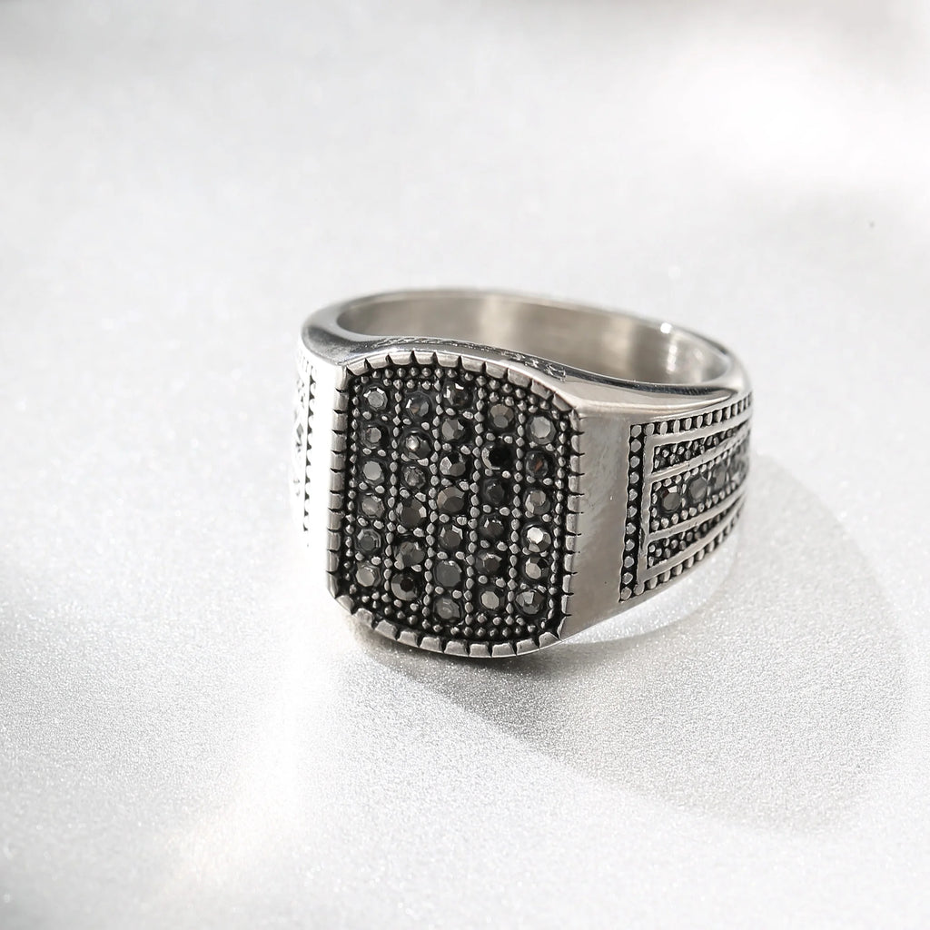 LNCHRAN Men 316L Stainless Steel Silvery Paved Black Synthetic Zircon Signet Ring Gothic Jewelry Gift For Men