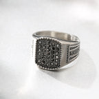 LNCHRAN Men 316L Stainless Steel Silvery Paved Black Synthetic Zircon Signet Ring Gothic Jewelry Gift For Men