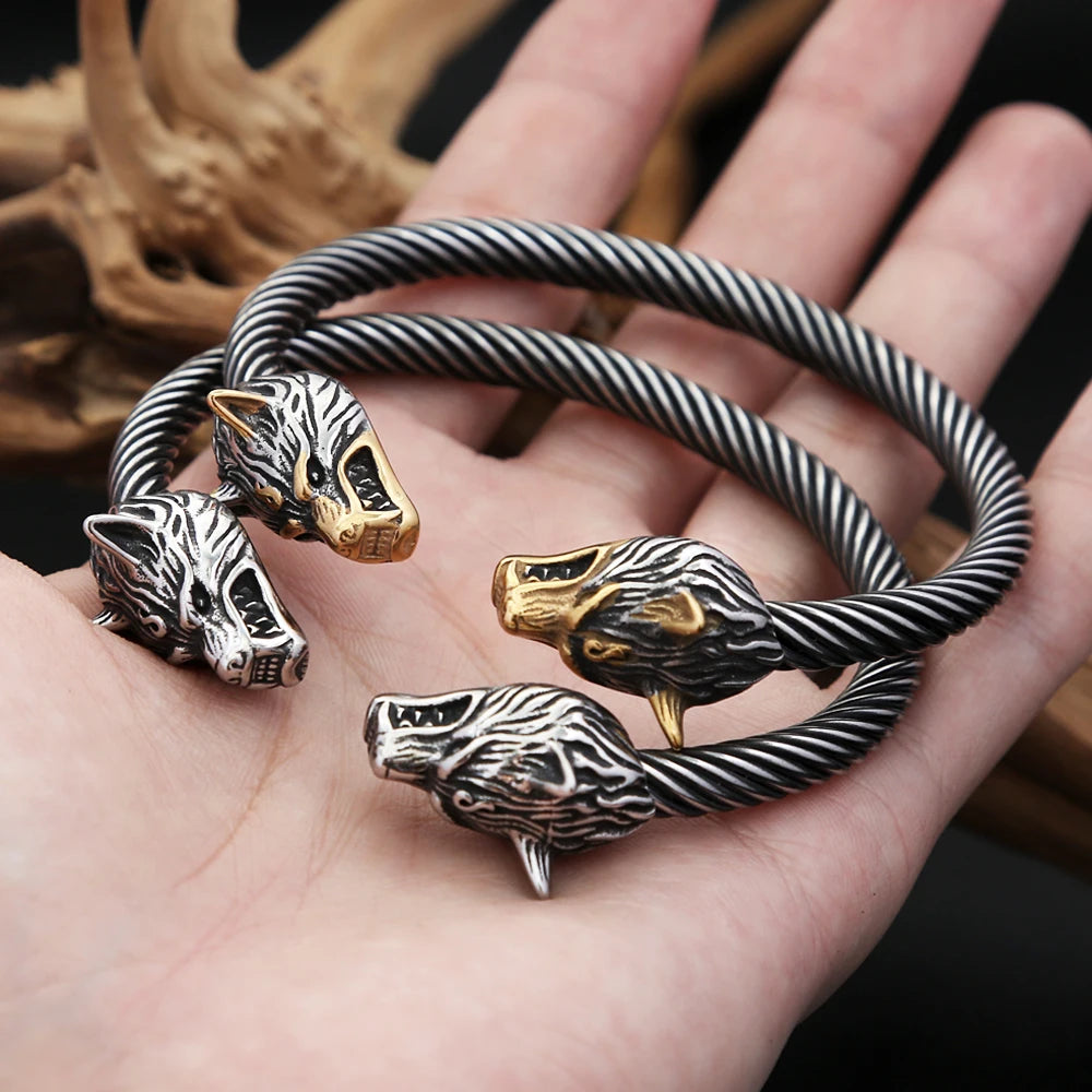 Viking Double Wolf Head Bracelet — Stainless