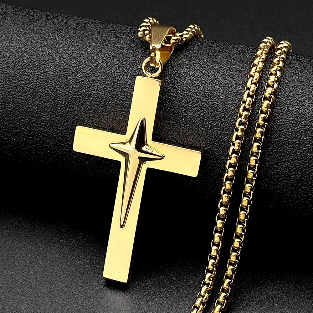 Jesus Starburst Cross Necklace — Stainless Steel Box Chain