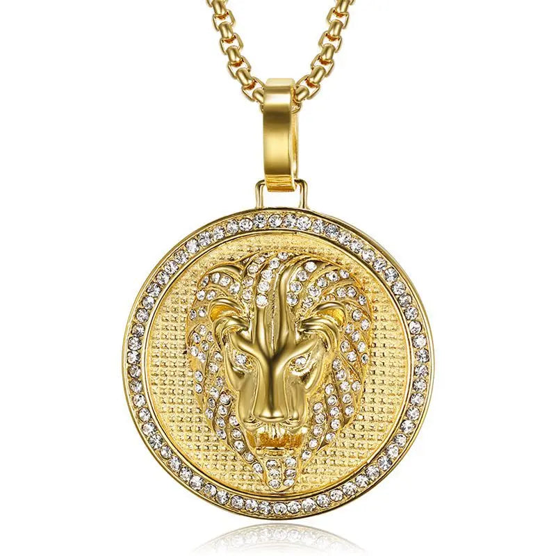 Iced Out Lion Head Round Pendant Necklace