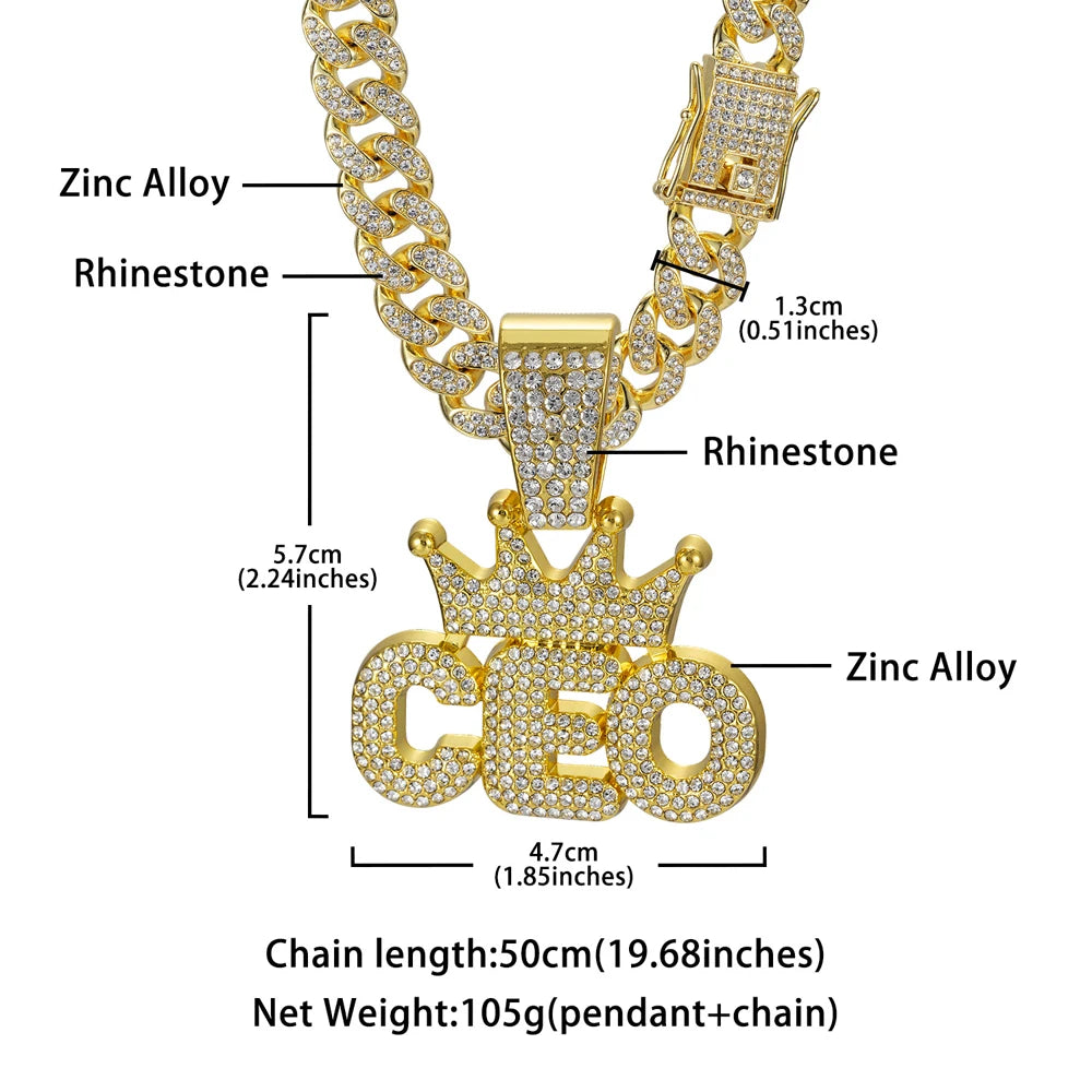 Iced Out Crown CEO Letter Pendant Cuban Link Chain Necklace