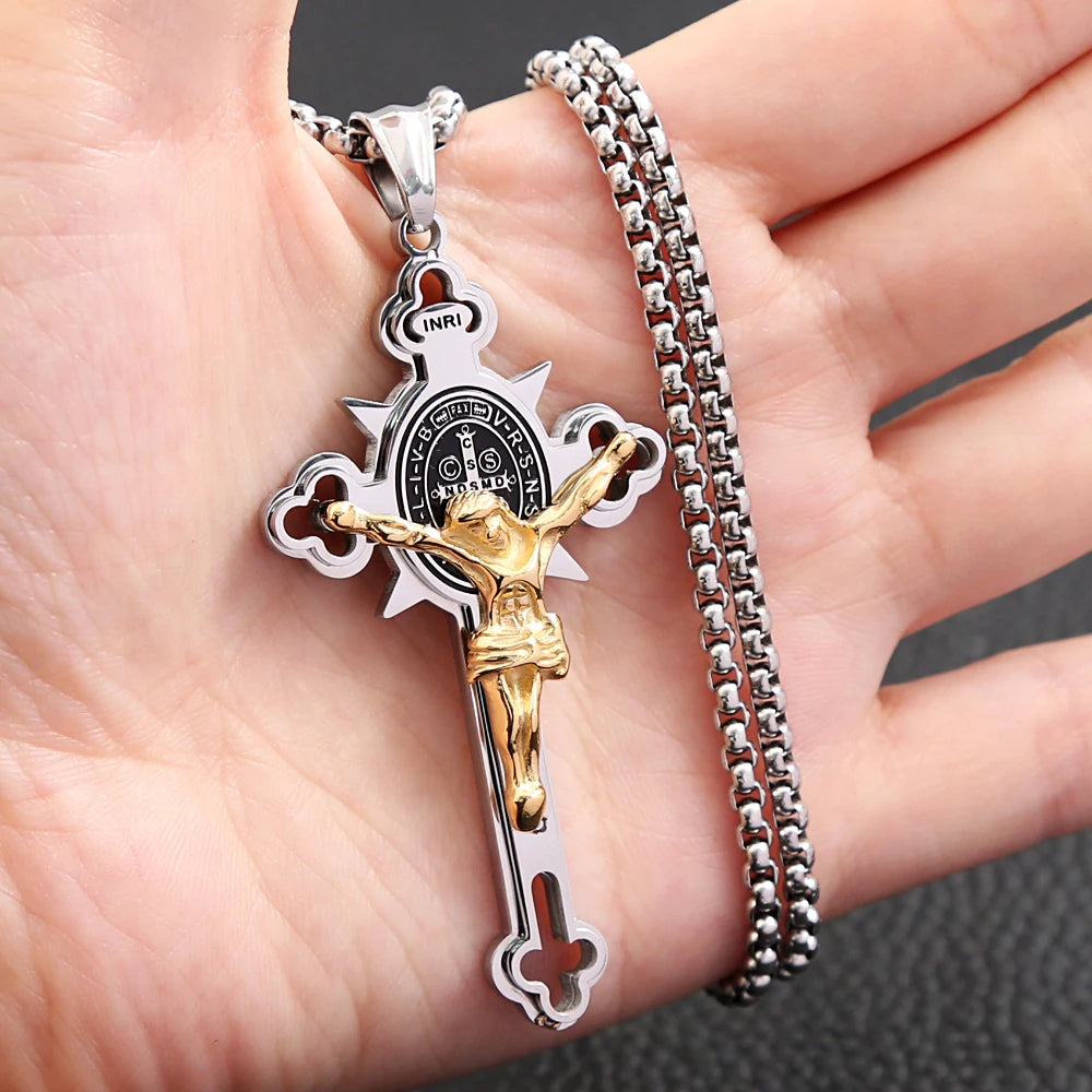 Vintage Christian Jesus Cross Pendant Necklace Men's Stainless Steel Religious Jesus Necklaces Prayer Baptism Jewelry