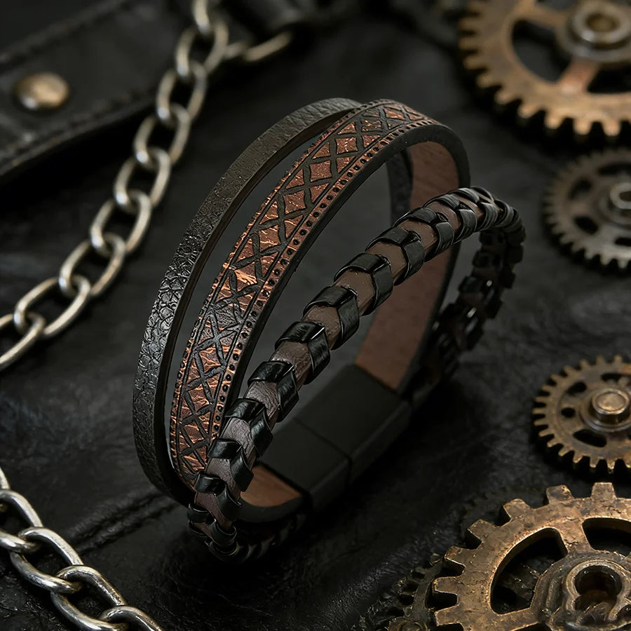 Magnetic Clasp Woven Leather Chain Wrap Bracelet — Brown or Black