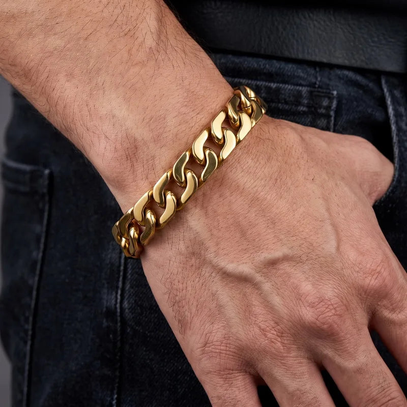 Gold Cuban Curb Link Chain Bangle Bracelet — Stainless Steel