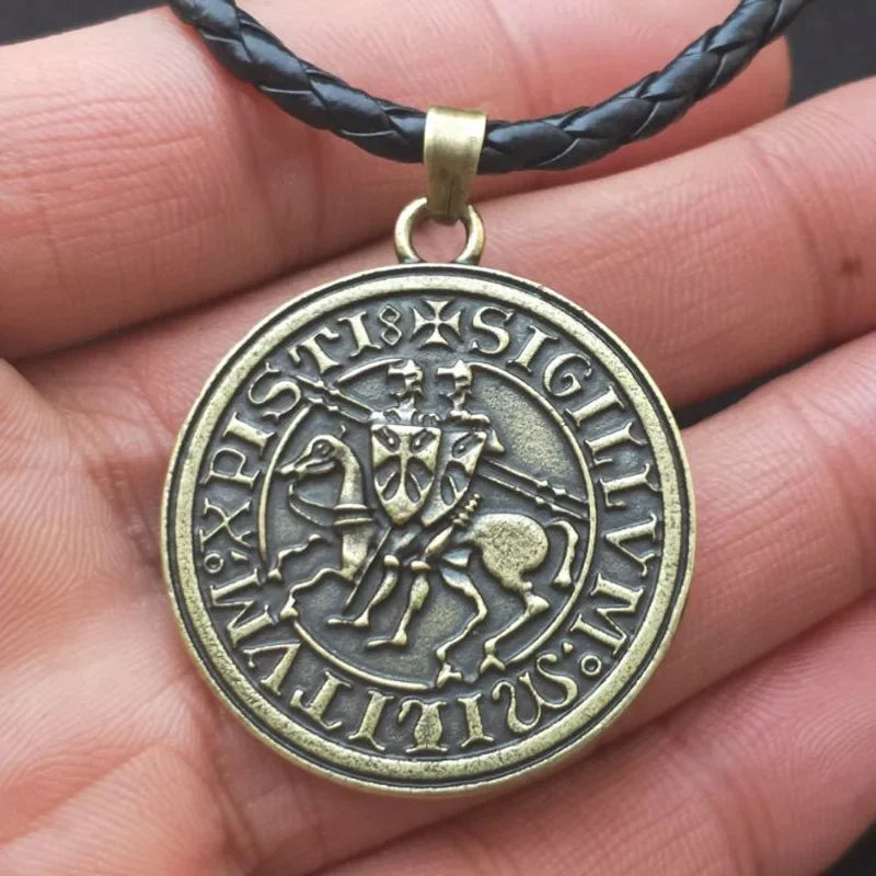 Vintage Viking Knights Templar Cross Pendant Necklace for Men Greek Latin Necklaces Leather Chain Male Jewelry