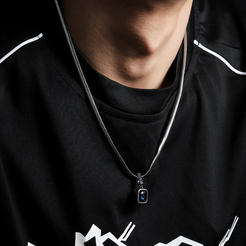 Blue Crystals Geometric Pendants Snake Bone Chain Titanium Steel Men Personality High-end Versatile Necklaces Fashion Jewelry