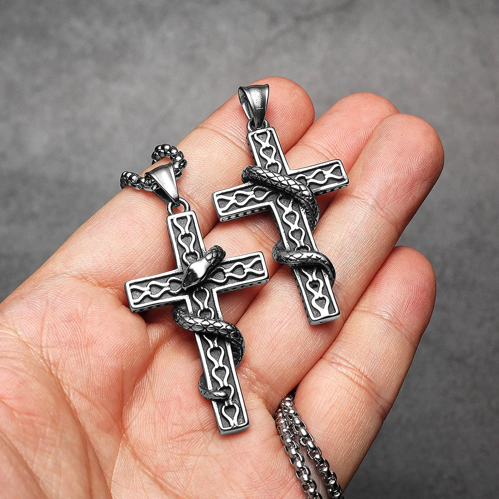 Snake Cross Pendant Necklace — Stainless Steel