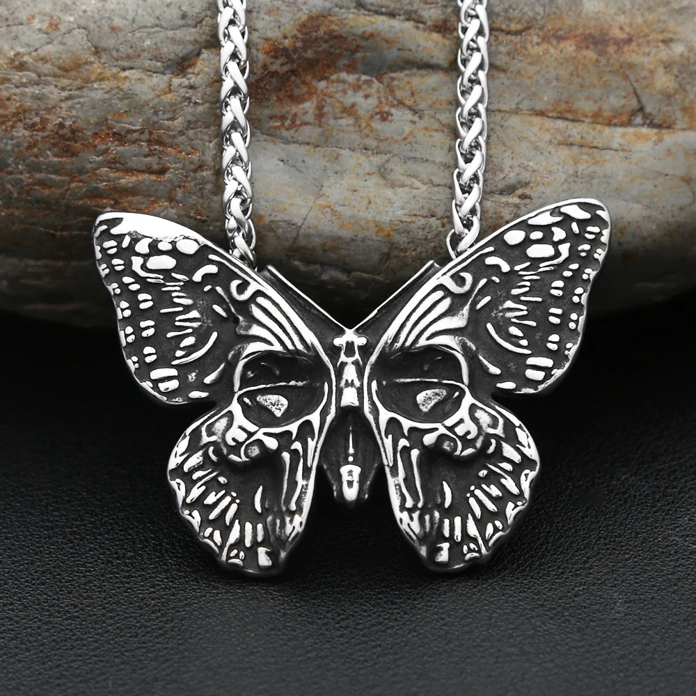 Vintage 316L Stainless Steel Butterfly Skull Pendant Necklace Hip Hop Biker Fashion Animal Necklaces For Men Women