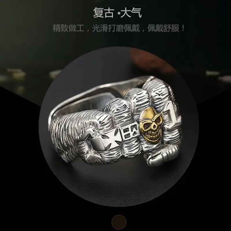 European Style Overbearing Exaggerated Retro Fist Skull 925 Sterling Silver Fashion Personality Opening Rings  TYB228