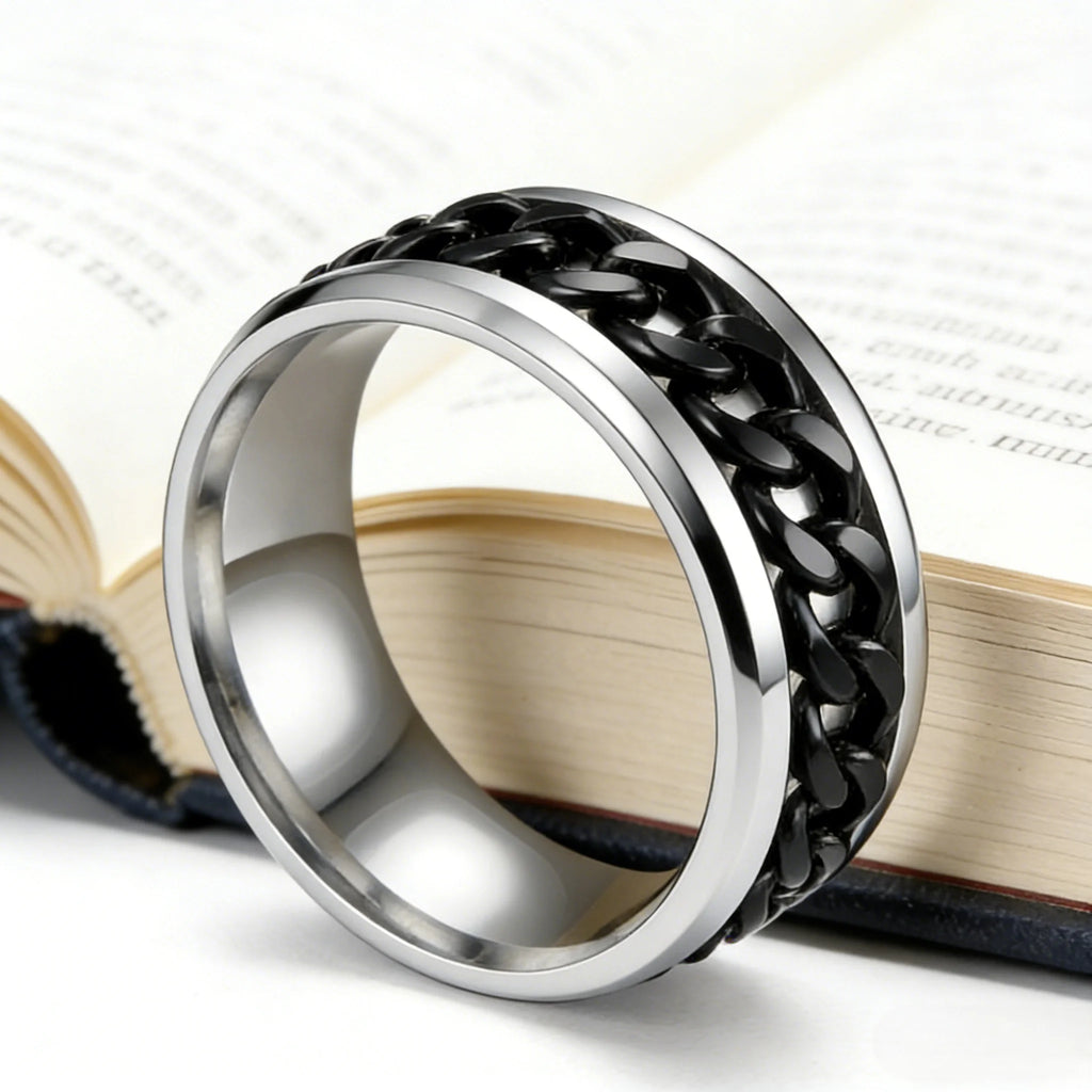 Rotatable Chain Spinner Fidget Ring Black Gold — Stainless Steel
