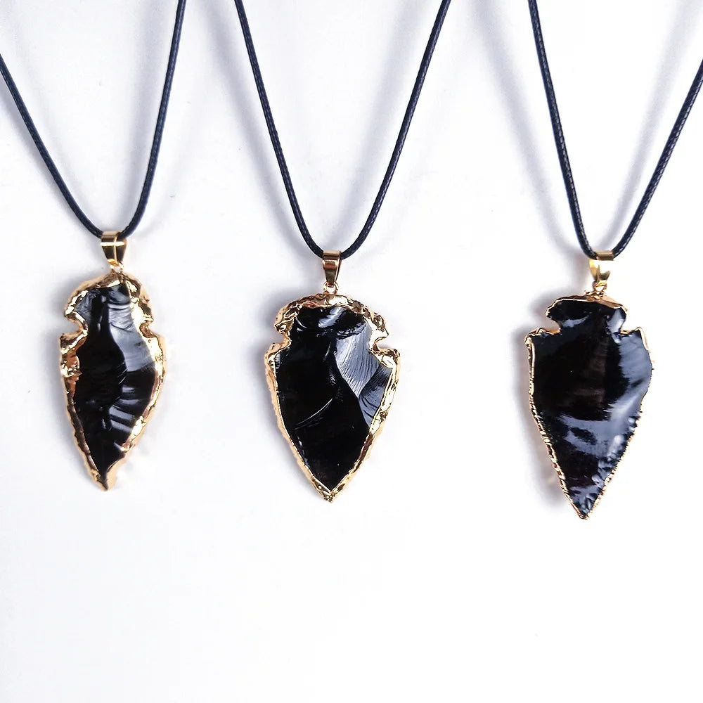 Natural Black Obsidian Arrow Shaped Crystals Pendant Golden Edge Plated Raw Healing Crystal Irregular Arrow Head Amulet