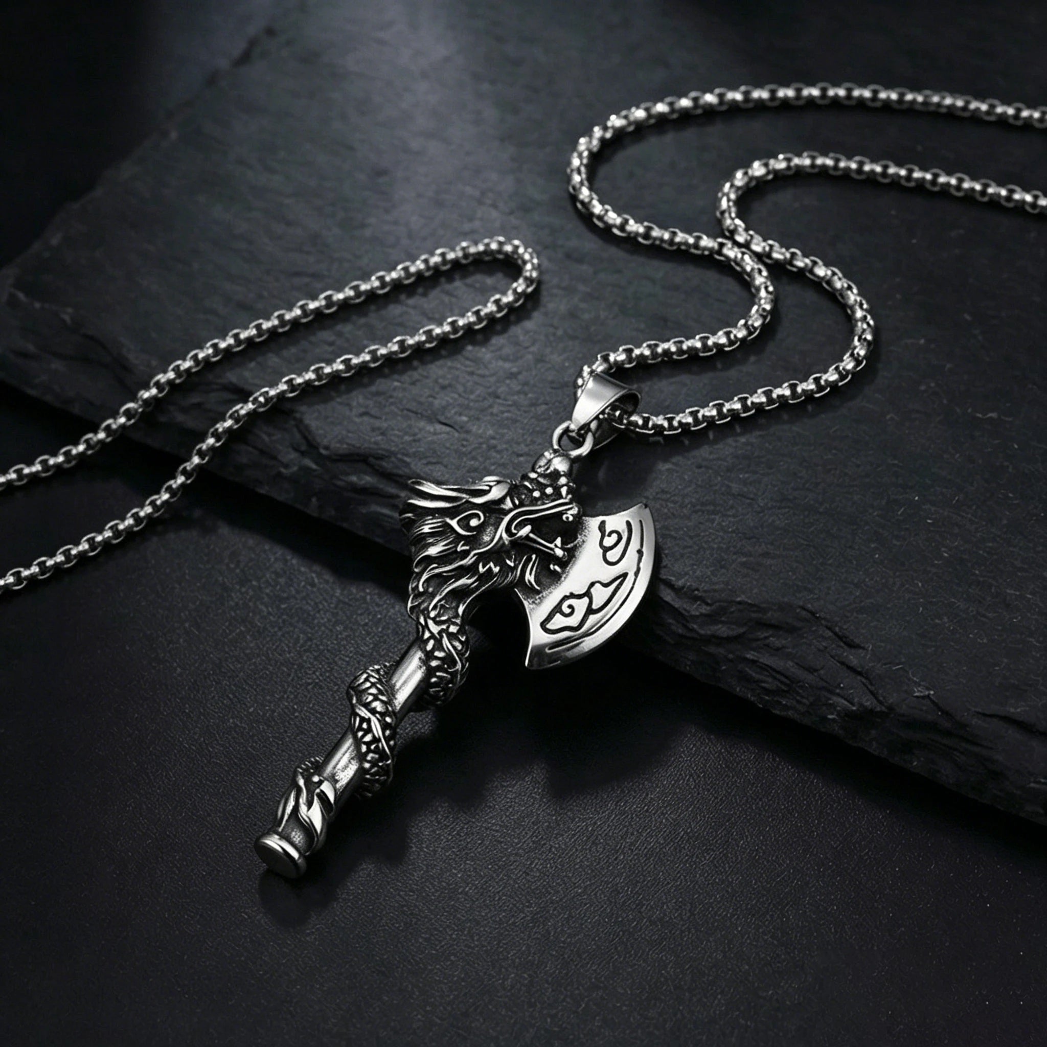 Silver Vintage Dragon Axe Pendant Necklace