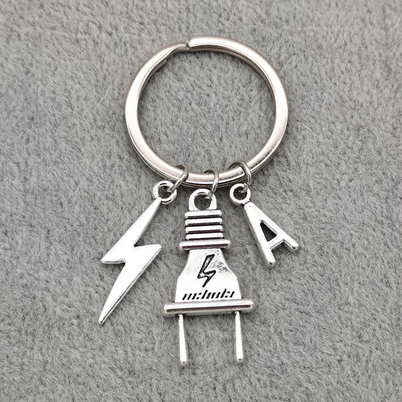 Fashion A-Z Letter Charm Lightning Bolt Plug Electrician Keychain for Electrical Worker Bag Car Keyring Gifts