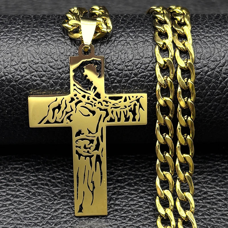 Hip Hop Punk Crown of Thorns Jesus Cross Necklace for Men Stainless Steel Gold Plated Crucifix Pendant Necklaces Jewelry N8052