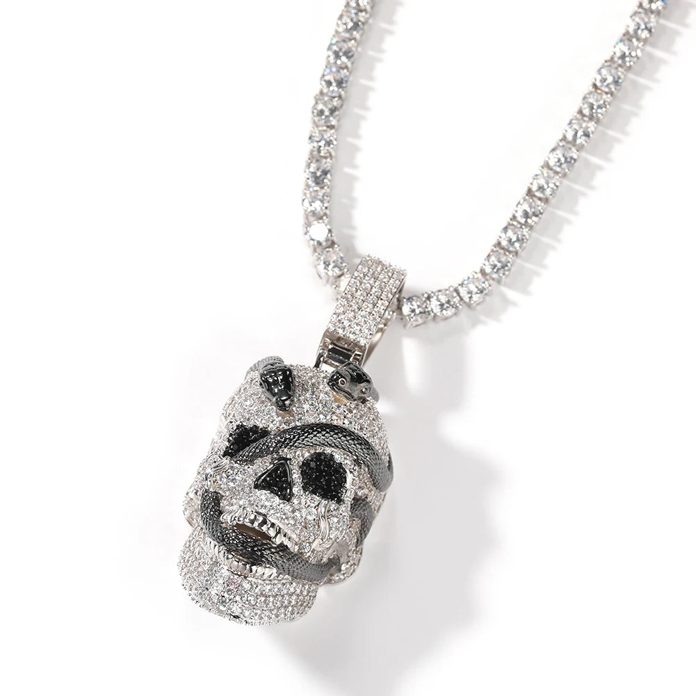 THE BLING KING Iced Out Ghost Skull Head Black Snake Arround Pendant Necklace For Men White Gold Plated Charm Hip Hop Jewelry