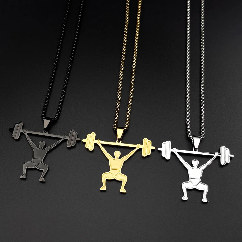 Gym Fitness Squat Weightlifter Barbell Pendant Necklace For Men Stainless Steel Male Sports Theme Hiphop Chain Jewelry