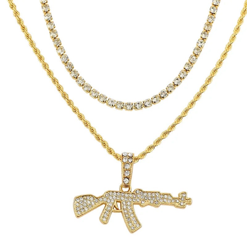 Iced Out Gun Pendant Necklace - Hip Hop Bling with Tennis & Rope Chains, Gold/Silver Plated for Men