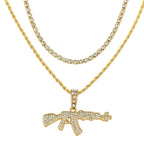 Iced Out Gun Pendant Necklace - Hip Hop Bling with Tennis & Rope Chains, Gold/Silver Plated for Men