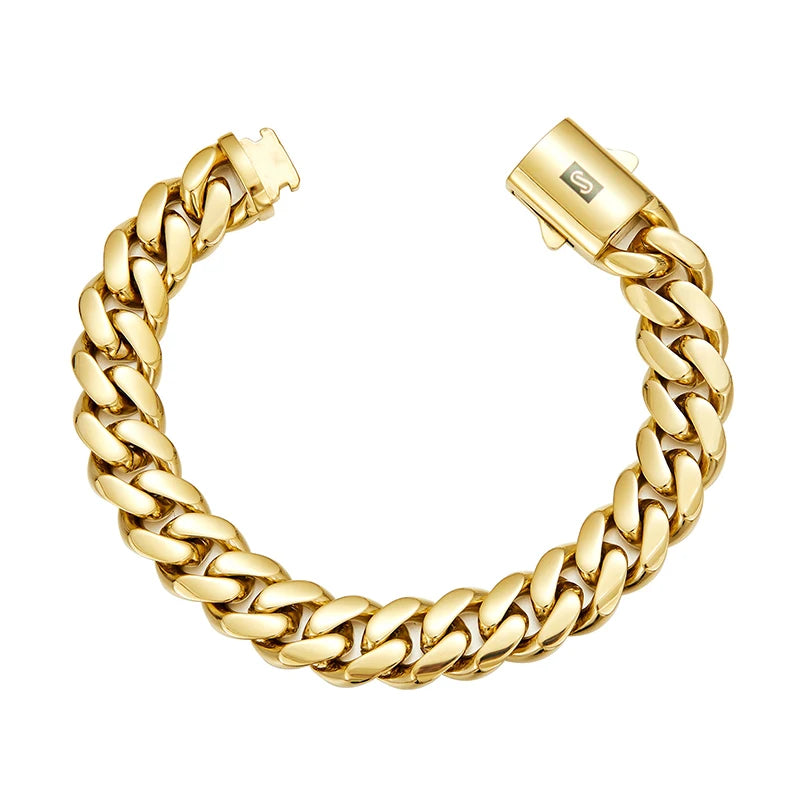 8mm-14mm Hip Hop Bling Gold Color Stainless Steel Cuban Miami Chains Necklaces Link Chain for Men Rapper Jewelry