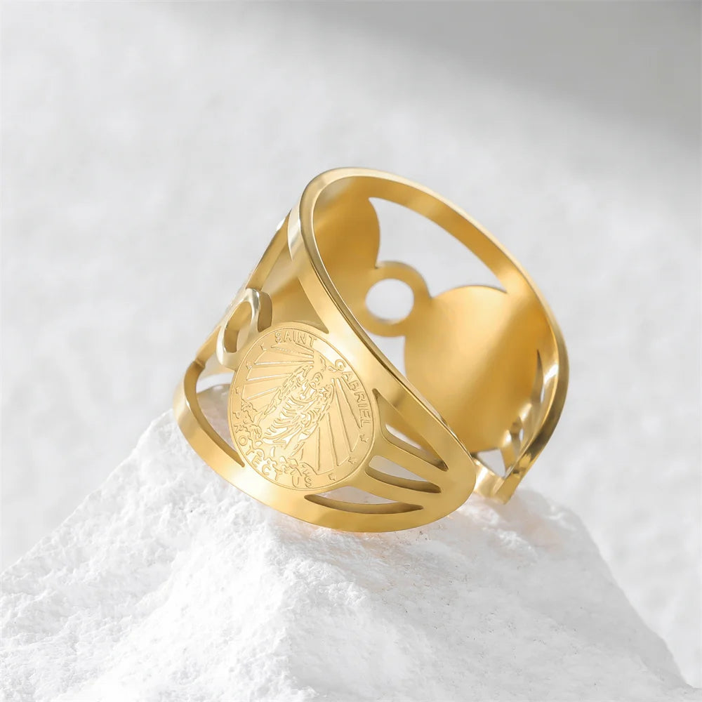 Archangel Saint Michael Gabriel Raphael Ring Adjustable Open Stainless Steel Protection Amulet Finger Rings Blessing