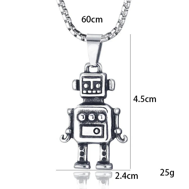 Silver Vintage Robot Pendant Necklace Box Chain