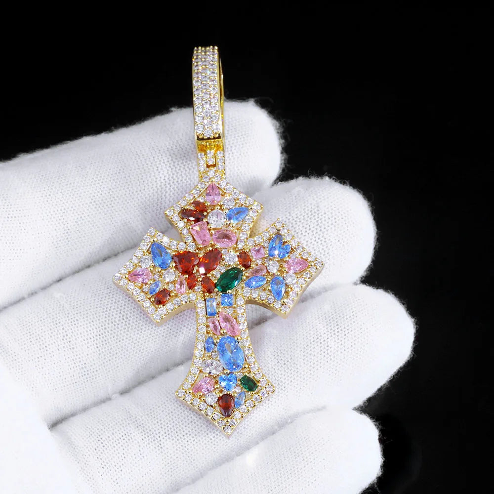 Cross Pendant Necklace Iced Out Colorful CZ