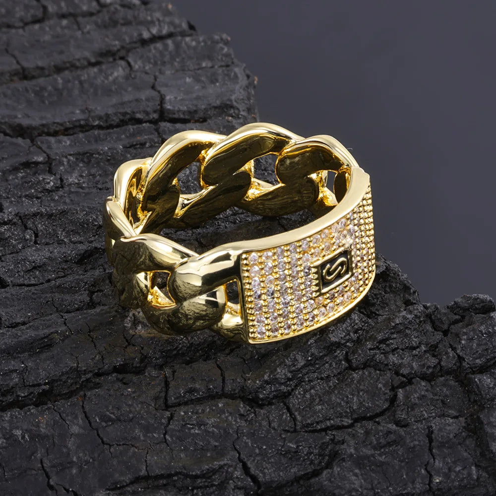 CZ Point Accent Cuban Link Ring for Men — Gold-Tone