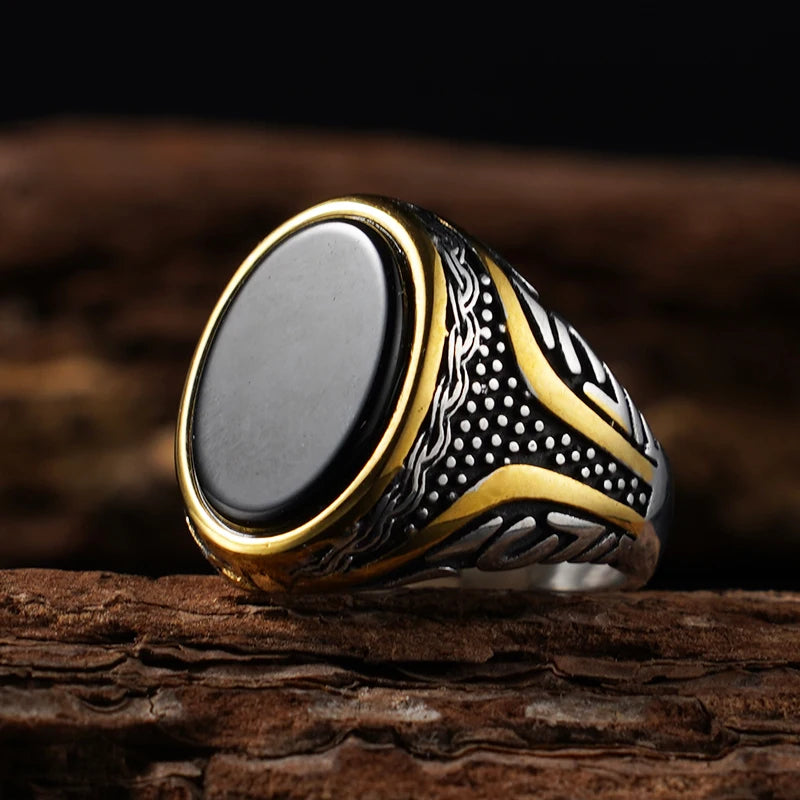 Natural Stone Series for Men Elliptical Ring with Real Tiger's Eye Stone 316L Stainless Steel Male Vintage Design Punk