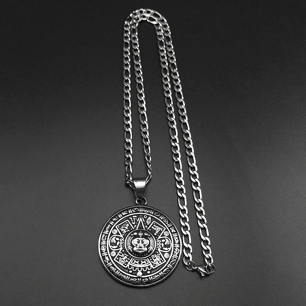 Vintage Mayan Symbol Pendant Necklace For Men Women Stainless Steel Black Ethnic Style Faith Amulet Chain Jewelry