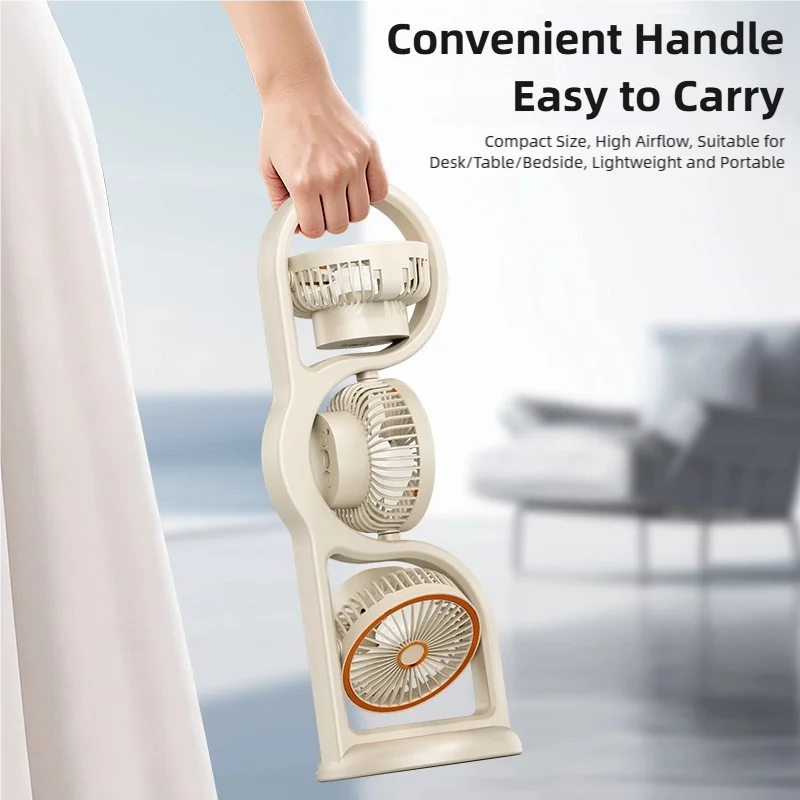 TINSOL New Portable USB Rechargeable Three-Head Fan – 360° Circulation, 5-Speed Wind, Dormitory and Outdoor Desktop Fan