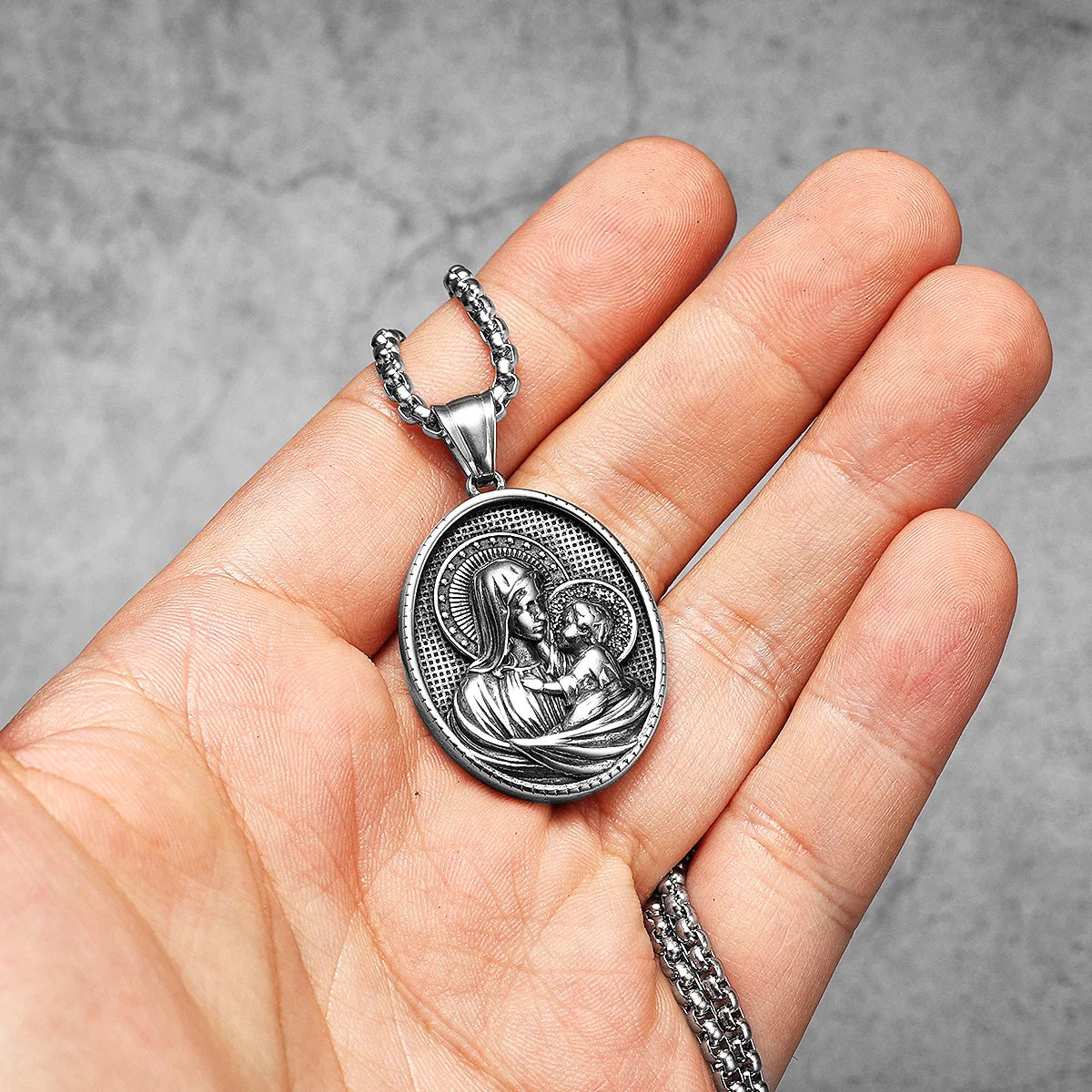 Virgin Mary Pendant Necklace Stainless Steel Vintage