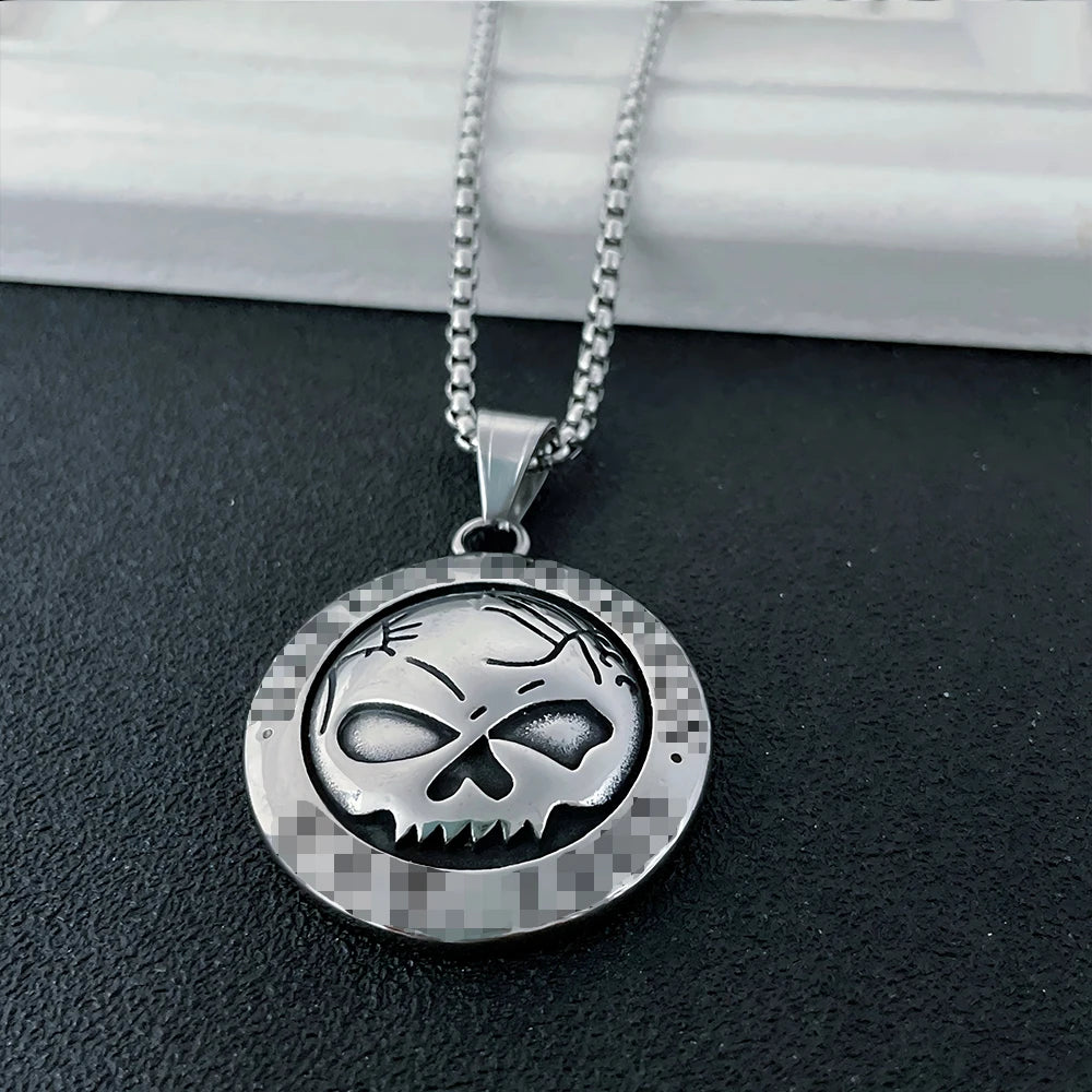 Harley Badge Skull Pendant Necklace — Stainless