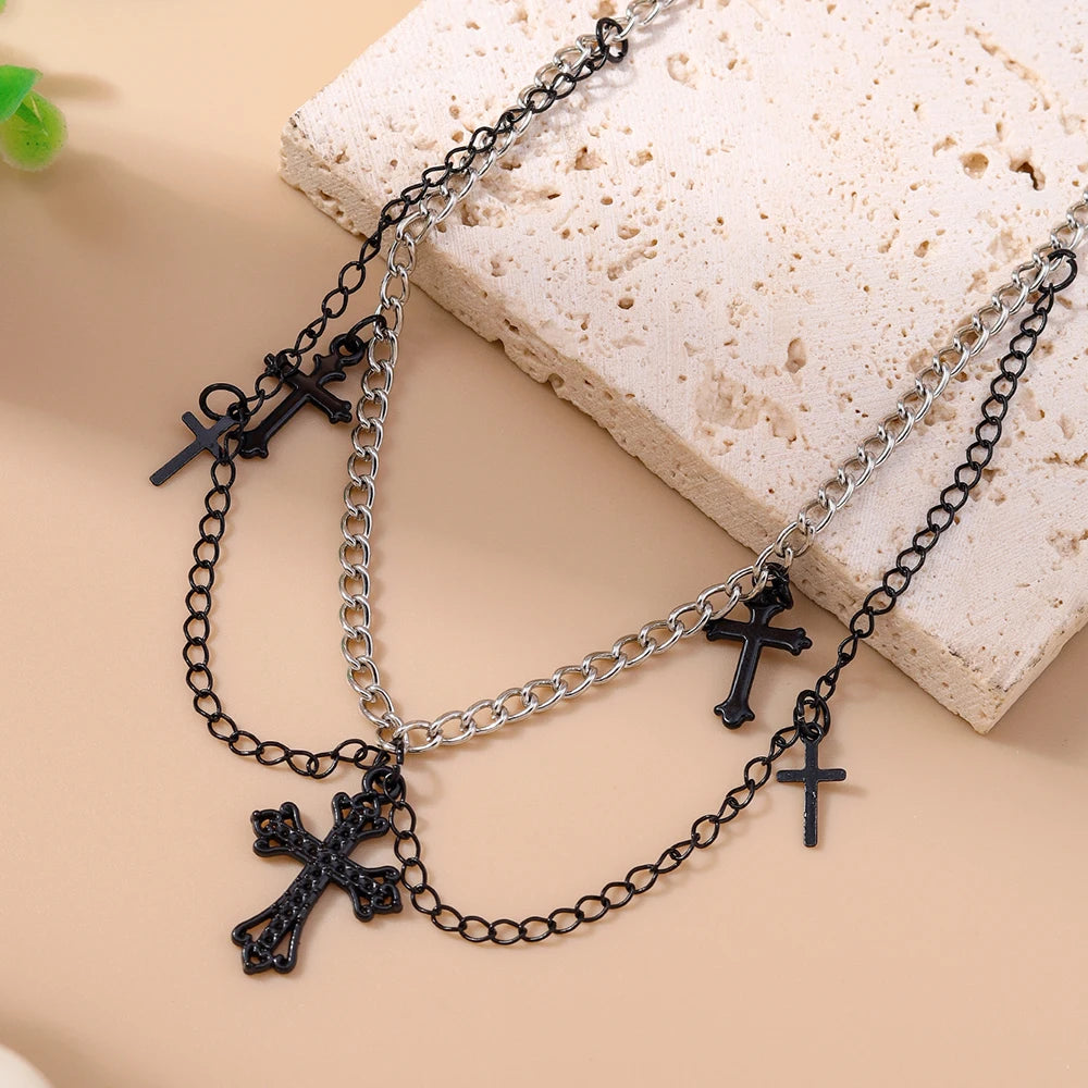 Gothic Black Cross Necklace for Women Men Metal Punk Choker Necklaces Handmade Party Jewelry Accessories