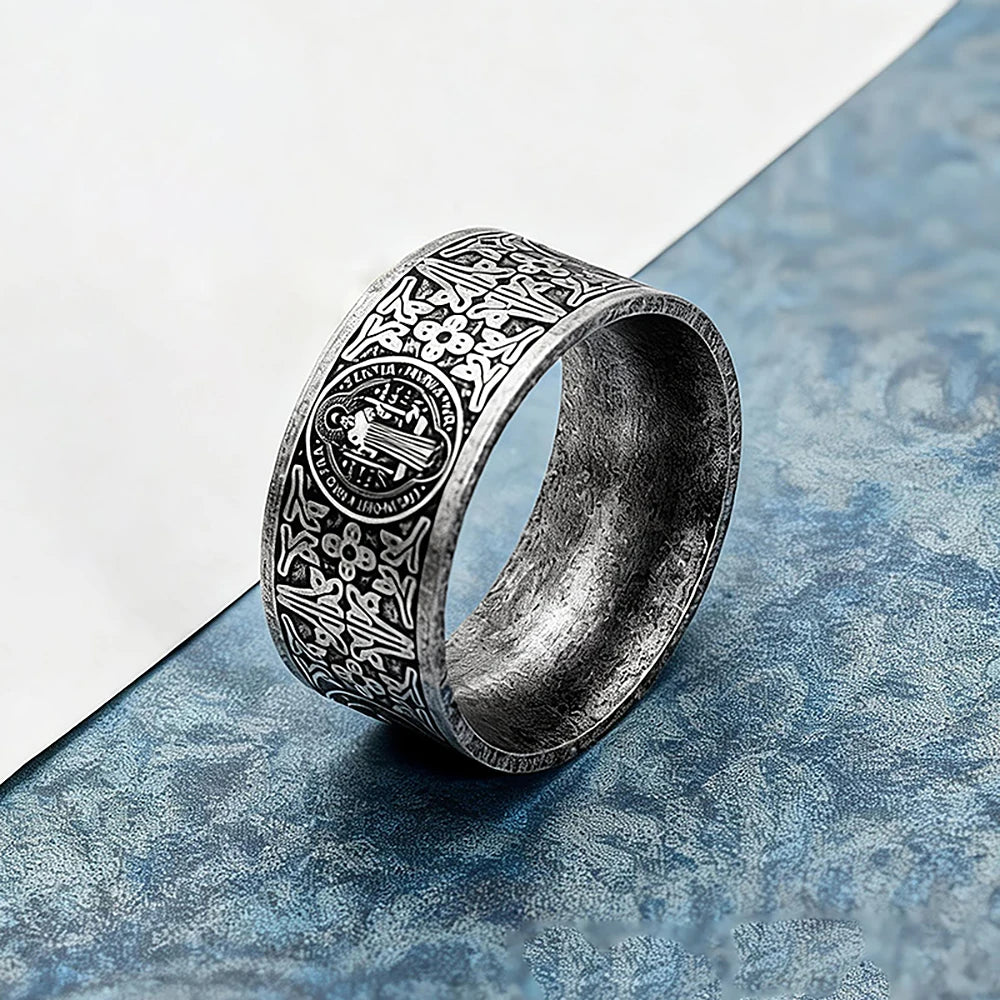 Saint Benedict Exorcism CSPB Cross Ring 316L Stainless Steel Punk Hip Hop Jewelry For Men Creative Gifts
