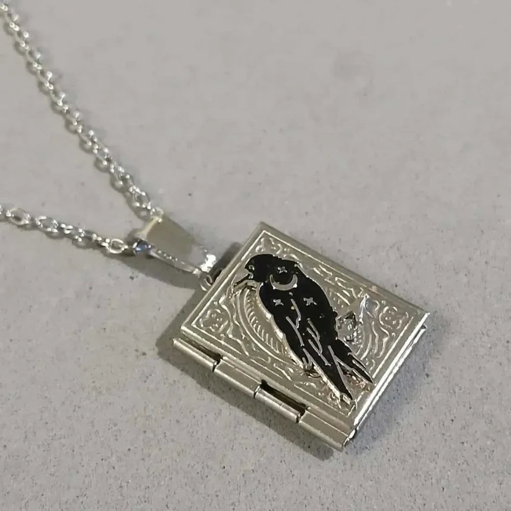 Trendy Exquisite Carving Moon Black Crow Photo Box Pendant Necklace for Men Women Hallowmas Goth Vampire Stainless Steel Jewelry