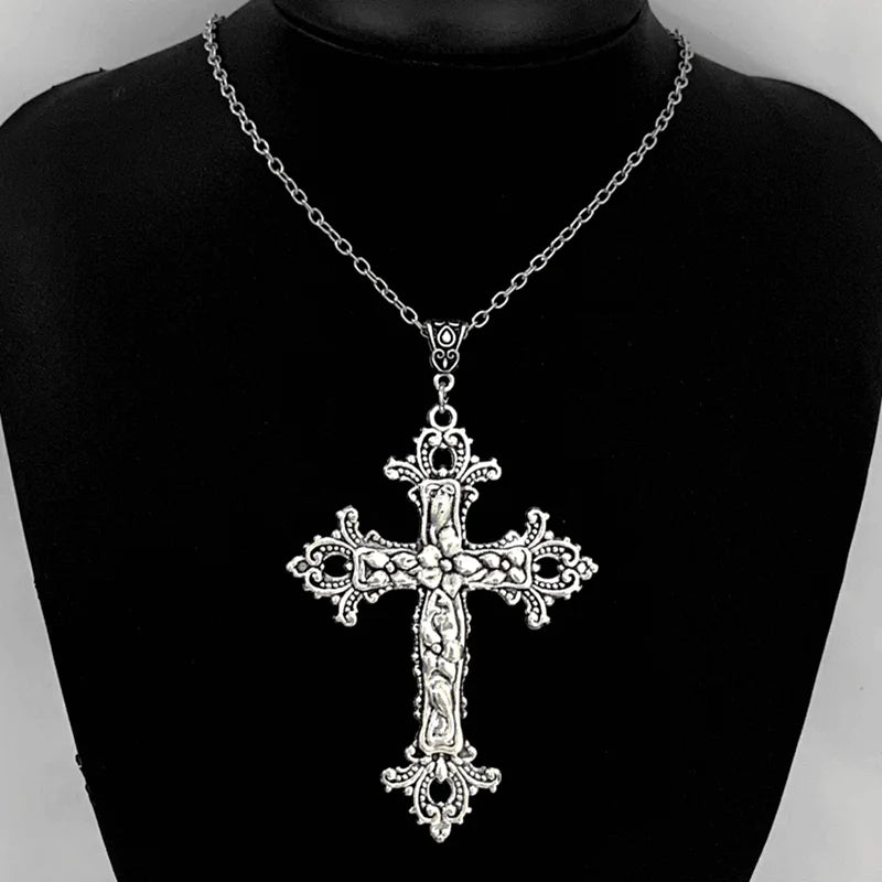 Gothic cross, Gothic black style hollow cross pendant necklace, punk cool necklace, large cross silver tone necklace
