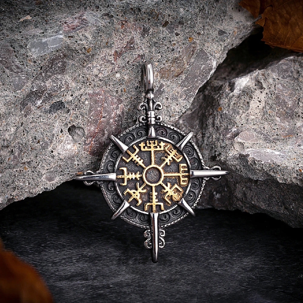 Mens Viking Compass Necklaces Stainless Steel Double-sided Norse Runes Trident Pendant With Genuine Leather Chain