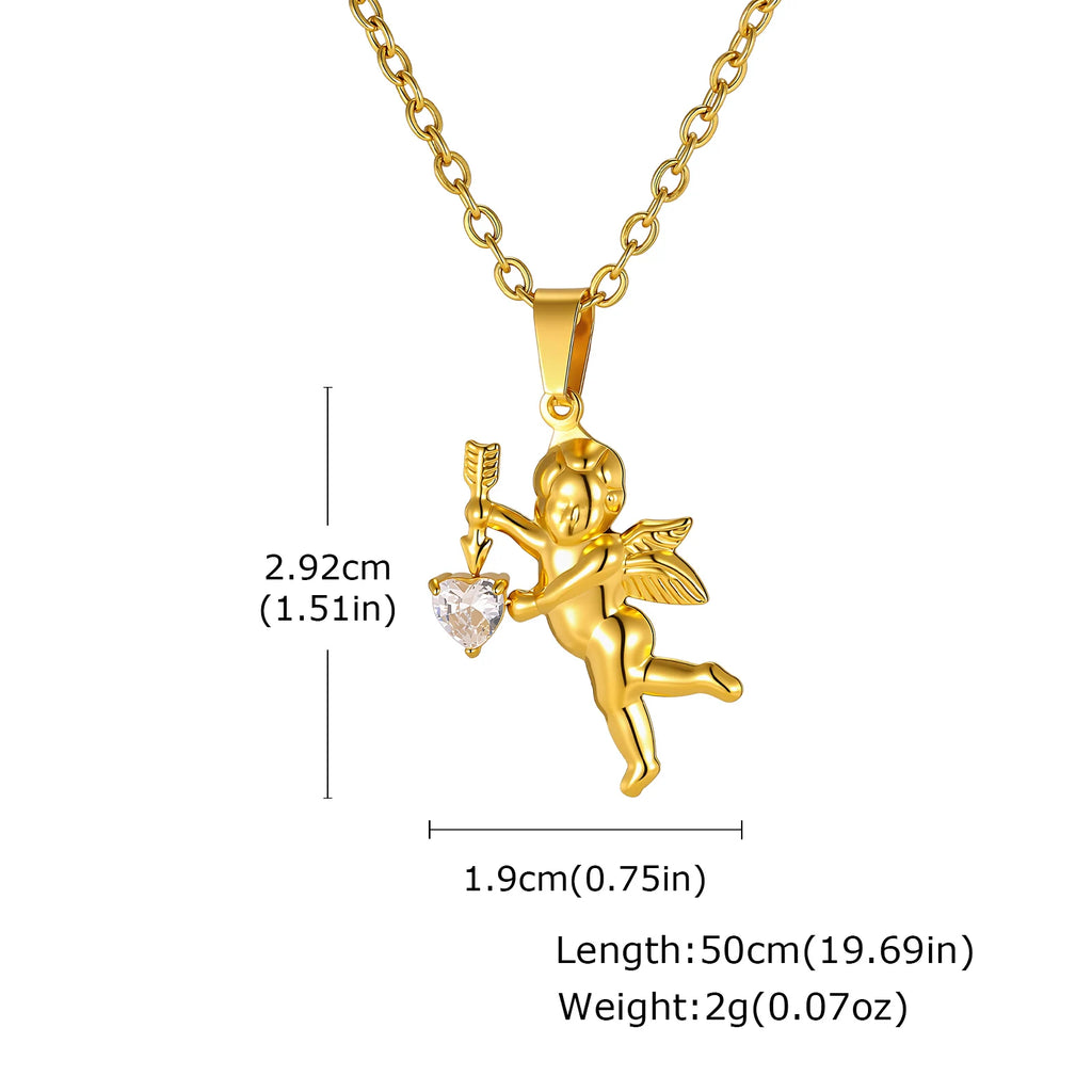 Gold Color Stainless Steel Cupid Pendant Necklace,Love CZ Bow Arrow Cupid Pendant Necklace,Pray for Beautiful Love Jewelry