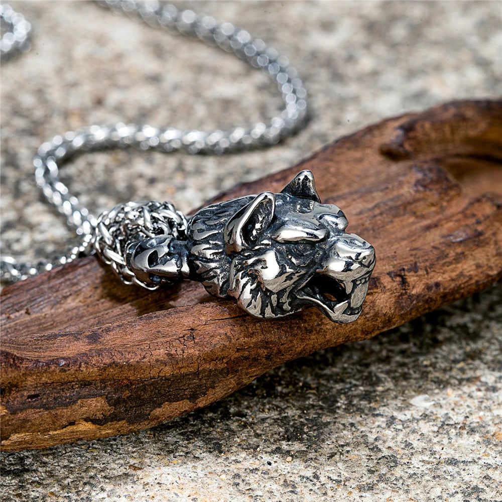 Vintage Vikings Celtic Wolf Head Necklaces Men's Stainless Steel Norse Mythology Fenrir Wolf Animal Pendant
