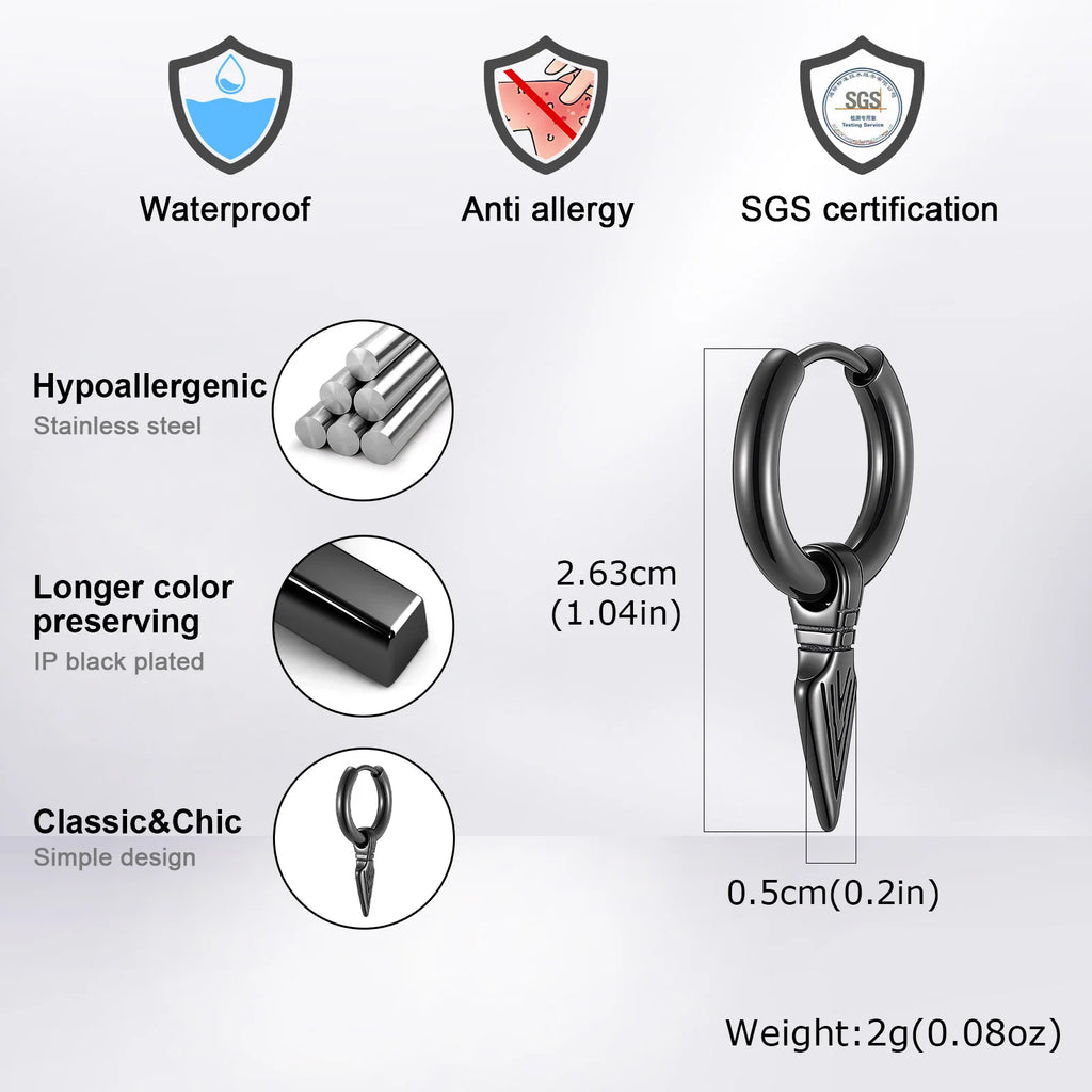 Viking Spearhead Dangle Hoop Earrings — Stainless Steel