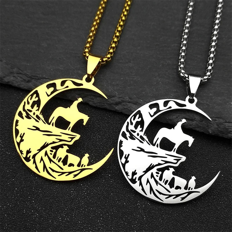 Moon Western Cowboy Animal Necklace For Women Men Stainless Steel Horse Cow Silver Color Mountain Ranch Scenery Chain Jewelry