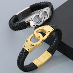 Braided Leather Handcuffs Style Men's Wrap Bracelet Stainless Steel Charm Bracelet for Men Gold Color Jewelry Logo