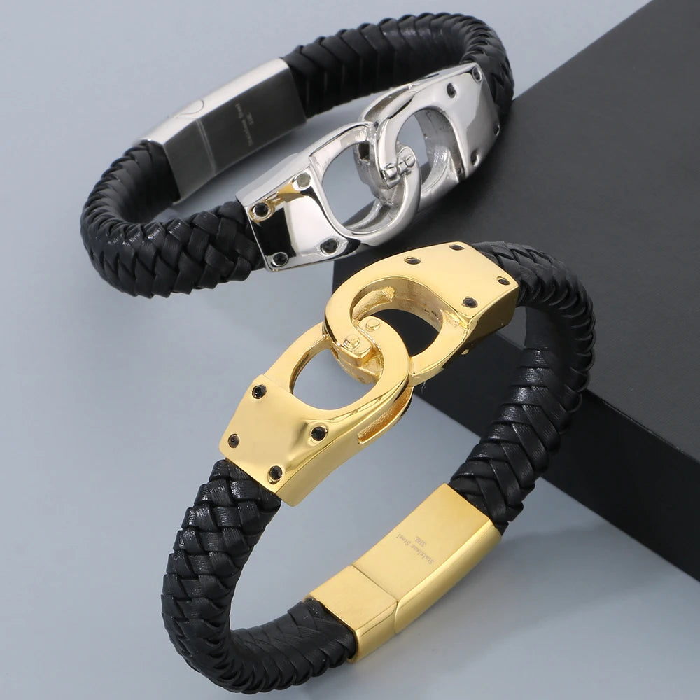 Braided Leather Handcuffs Style Men's Wrap Bracelet Stainless Steel Charm Bracelet for Men Gold Color Jewelry Logo