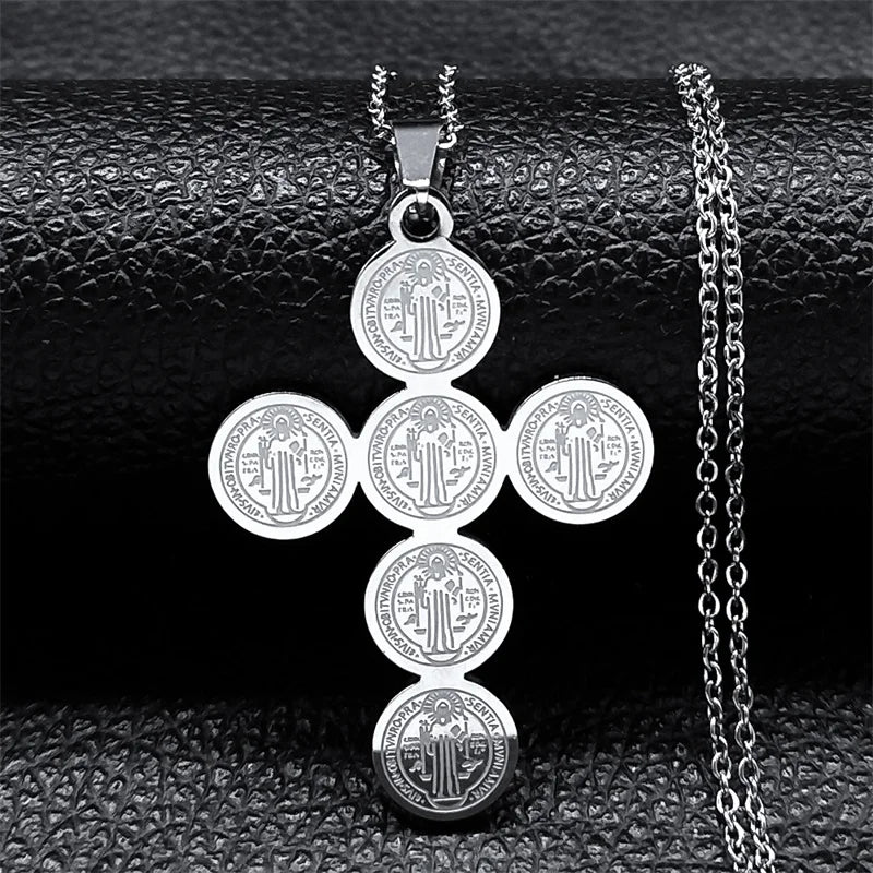 Catholic Saint Benedict Medal Stainless Steel Necklace for Women Men Gold Color Jesus Cross Chain Jewelry san benito