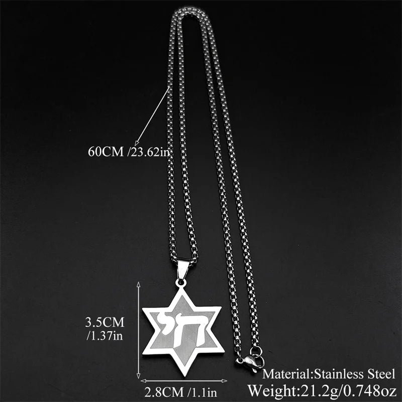 Jewish Hebrew Chai Symbol Star of David Pendant Necklace for Men Women Gold Color Stainless Steel Israel Amulet Chain