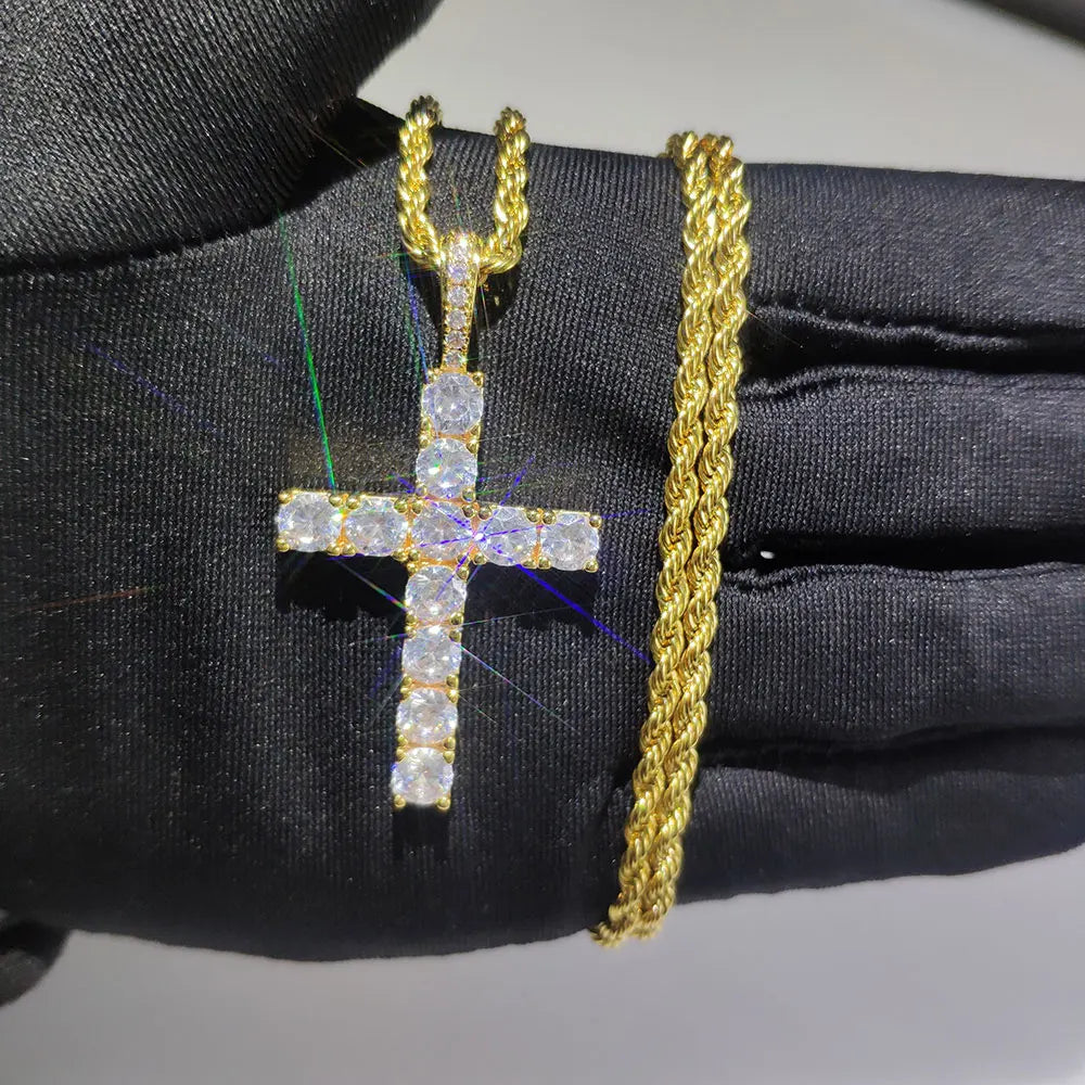 Fashion Simple Bling Cross Jewelry Iced Out Cubic Zirconia Diamond 18k White Gold Plated Cross Pendant Necklace For Men Women
