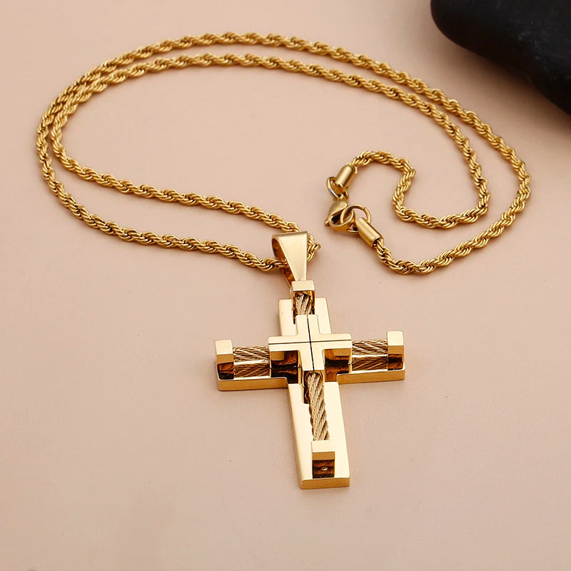 Fongten Stainless Steel Pendant Necklace for Men Multiple Color Cable Cross Twisted Link Chain Male Neck Christian