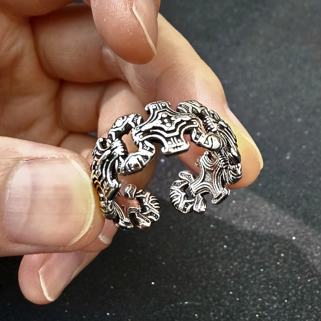 Gothic Chained Crosses Adjustable Open Ring — Silver-Tone
