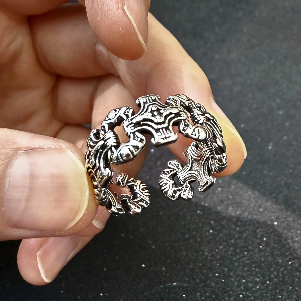 Gothic Chained Crosses Adjustable Open Ring — Silver-Tone